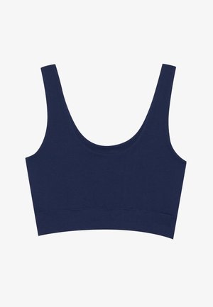 Mornarsko modra brezšivna bralette z širokimi naramnicami in zaobljenim dekoltejem, izdelana iz gladkega, teksturiranega materiala. Brez zapiralne opreme.