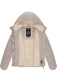 Ljust beige jacka med quiltat mönster, mjukt krämfärgat foder, huva och silverdetaljer. Har knappstängningar och sidofickor.