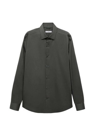 Chemise à manches longues de couleur vert foncé, en tissu lisse, avec une fermeture à boutons et un col classique ; possède des poignets boutonnés et un ourlet droit.