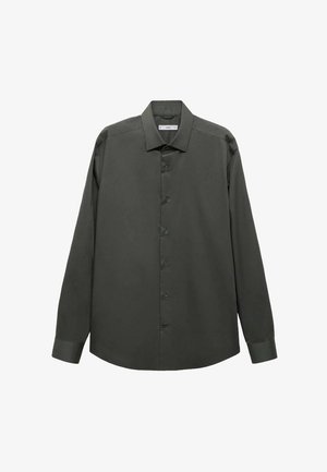 Camicia a maniche lunghe di colore verde scuro, realizzata in tessuto morbido, con chiusura a bottoni e colletto classico; presenta polsini con bottone e orlo dritto.