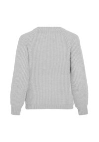Helles graues, grob gestricktes Sweatshirt mit langen Ärmeln und gerippten Bündchen, von hinten auf weißem Hintergrund gezeigt.