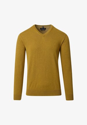Senfgelber V-Ausschnitt Pullover aus Strickstoff. Hat lange Ärmel und einen gerippten Saum. Einfaches Design ohne Muster oder Akzente.