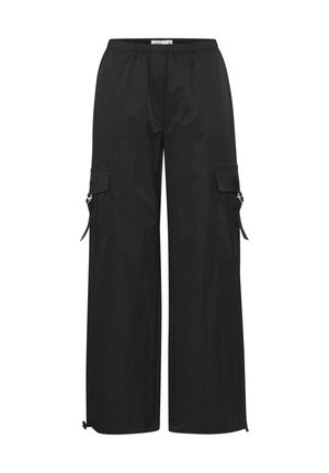 Schwarze Cargo-Hosen aus leichtem Stoff, mit lockerer Passform, elastischem Bund, Seitentaschen und verstellbaren Bündchen.
