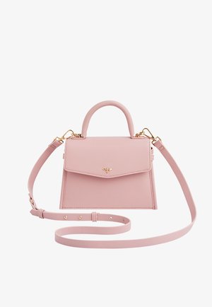 Hellrosa Lederhandtasche mit Tragegriff oben, langem verstellbarem Schulterriemen und kleinem goldfarbenem Bienenemblem auf der vorderen Klappe.