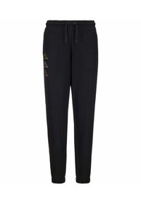 Pantalones de chándal negros con una cintura ajustable, piernas con corte ajustado y el logo de Kappa bordado en un degradado de amarillo y naranja en el lado izquierdo.