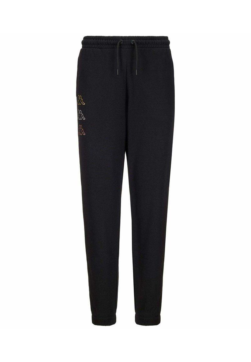 Pantalones de chándal negros con una cintura ajustable, piernas con corte ajustado y el logo de Kappa bordado en un degradado de amarillo y naranja en el lado izquierdo.