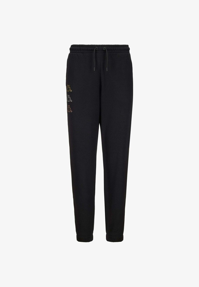 Pantalones de chándal negros con una cintura ajustable, piernas con corte ajustado y el logo de Kappa bordado en un degradado de amarillo y naranja en el lado izquierdo.