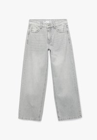 Pantalones vaqueros de pierna ancha de tiro alto en gris claro, confeccionados en denim, con cierre de botón, cinco bolsillos y detalles de costura mínimos.