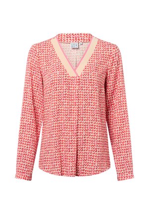 Langärmlige Bluse in Hellrosa mit einem geometrischen Muster in Dunkelrosa und Rot. Sie hat einen V-Ausschnitt und eine lockere Passform.