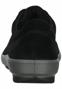 Black suede sneakers with a low profile, featuring a cushioned sole and textured heel, designed for comfort and flexibility.