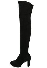 Bota de mujer de ante negra hasta la rodilla con tacón alto tipo bloque y puntera redonda, vista de perfil.