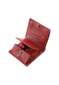 Portafoglio in pelle rossa con una texture liscia, presenta più slot per carte, una chiusura a scatto e un compartimento centrale per monete o banconote.