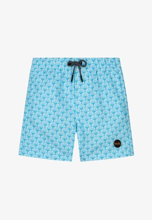 Niebieskie kąpielówki z białym wzorem muszli, elastycznym pasem w talii i sznurkiem. Posiada okrągłą naszywkę z logo w dolnym prawym rogu.