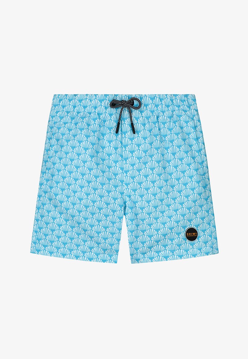 Mėlynos maudymosi šortai su balta kriauklių raštu, elastinga juosmens juosta ir raišteliu. Ant apatinės dešinės pusės yra apvalus logotipo pleistras.