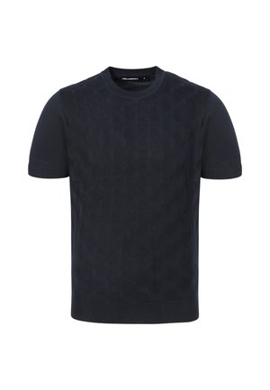 Schwarzes kurzärmliges Strickshirt mit subtiler Wellenstruktur, gerippten Bündchen, rundem Halsausschnitt und geradem Saum.