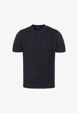 Zwart gebreid shirt met korte mouwen, subtiel golvend textuurpatroon, geribde manchetten, ronde halslijn en rechte zoom.