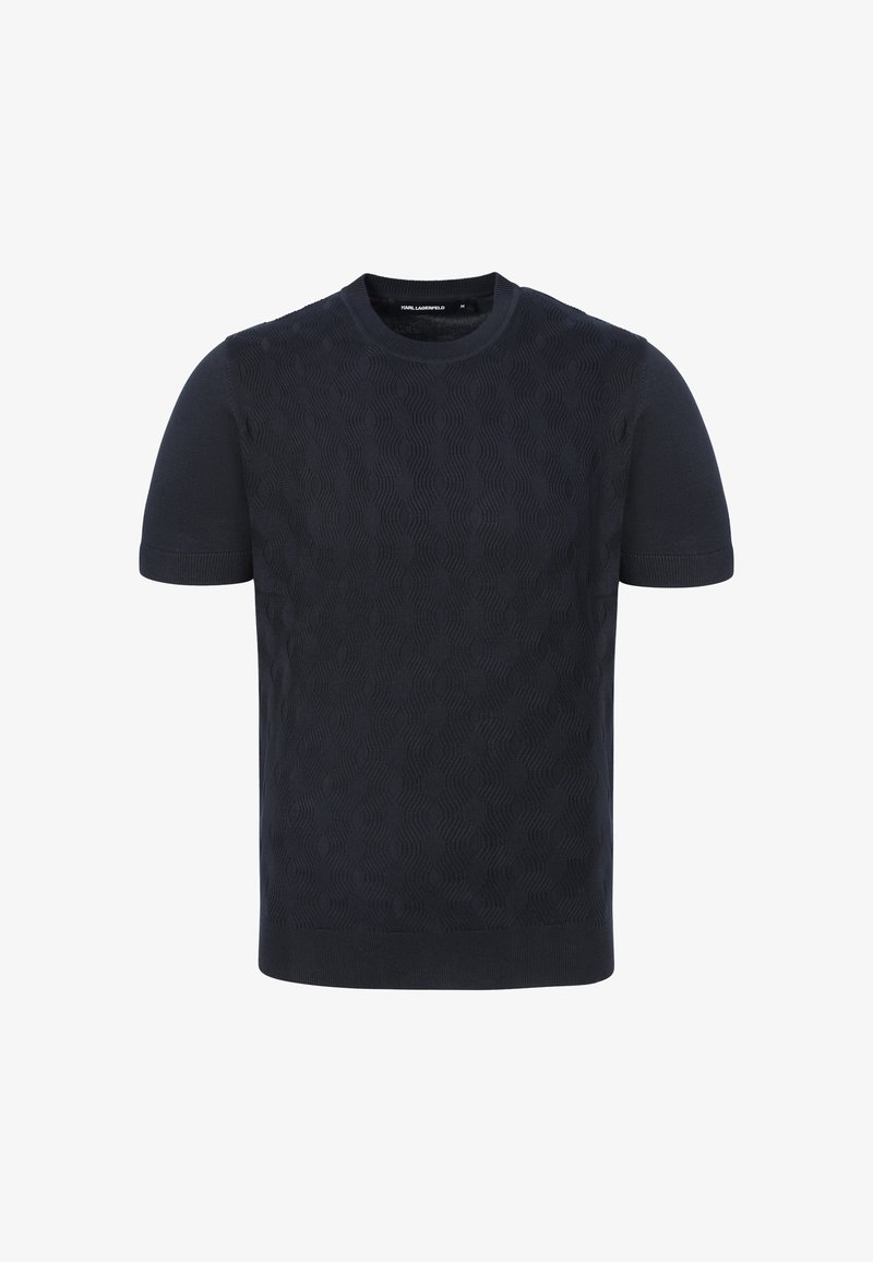 Black short-sleeve knit shirt with subtle wave texture pattern and ribbed cuffs, round neckline, and straight hem.