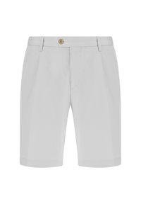Shorts gris clair en tissu lisse, dotés d'une fermeture à bouton, de poches latérales et d'une coupe ajustée avec un devant plat.