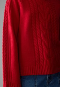Roter gestrickter Pullover mit einem Kabelmuster entlang der Ärmel und des Körpers. Gerippte Säume und Bündchen, weiche Textur, taillierte Passform und mittellange Länge.