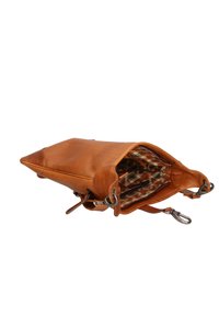 Borsa a mano in pelle marrone con forma appuntita, zip aperta e interno a motivo. Include manico e dettagli in metallo.
