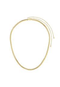 Goldkette mit miteinander verbundenen flachen und runden Gliedern. Verfügt über einen schiebbaren Verschluss und zwei dünne Ketten, die von dem Verbinder abgehen.