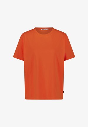 Helles orangefarbenes Kurzarm-T-Shirt aus Baumwolle mit rundem Ausschnitt und einem kleinen Etikett an der unteren Seitennaht.