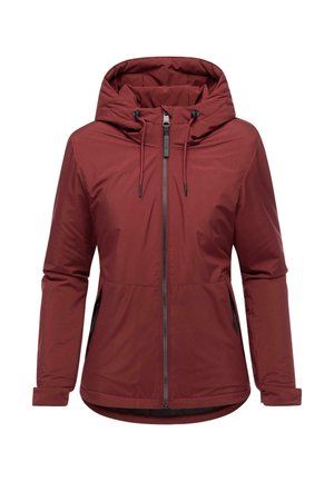 Bordeauxkleurige hoodie met een ritssluiting aan de voorkant, lange mouwen en twee zijzakken; voorzien van verstelbare trekkoorden en een soepele textuur.