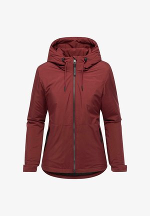 Bordeaux hættejakke med frontlynlås, lange ærmer og to sidelommer; har justerbare snore og en glat tekstur.
