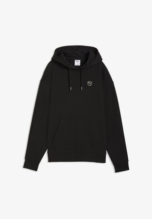 Czarna bluza z kapturem typu pullover z przednią kieszenią kangurką, kapturem ze sznurkiem i małym białym logo Puma na lewej piersi.