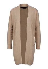 Beżowy sweter dzianinowy z otwartym przodem, długimi rękawami, prążkowanymi mankietami oraz dwiema przednimi kieszeniami. Miękka tekstura i luźny krój.