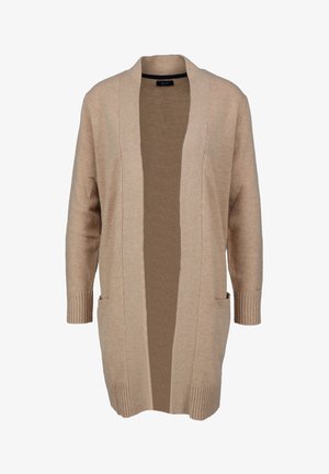 Beige stickad kardigan med öppen front, långa ärmar, ribbade manschetter och två framfickor. Mjuk textur och avslappnad passform.