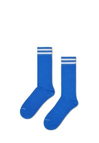 Μπλε βαμβακερές κάλτσες με λευκές ριγέ λεπτομέρειες στη μανσέτα, με λείο υφή και κλασικό σχέδιο μέχρι τον αστράγαλο.