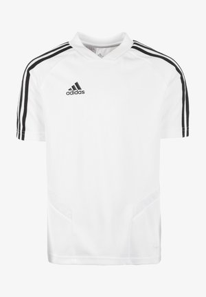 Maglietta sportiva bianca Adidas con strisce nere sulle maniche corte e logo Adidas sul petto, realizzata in tessuto traspirante.