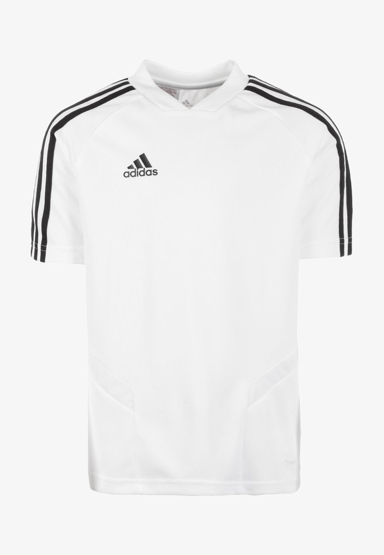 Bílá sportovní košile Adidas s černými pruhy na krátkých rukávech a logem Adidas na hrudi, vyrobená z prodyšného materiálu.