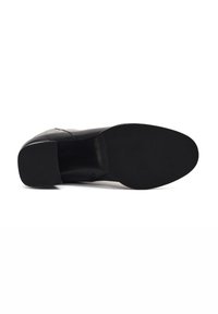 Semelle de chaussure en cuir noir avec un talon carré. Texture lisse, fond plat, motif de semelle minimal, sans marquage ni embellissements visibles.