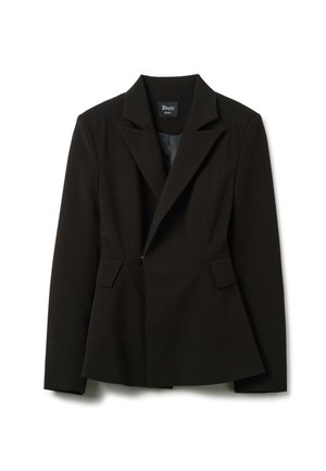 Schwarzer maßgeschneiderter Blazer mit Reverskragen, strukturiertem Schnitt, Fronttaschen und Ein-Knopf-Verschluss. Glattes Gewebe mit einem leichten Glanz.