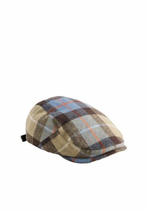 Czapka typu flat cap w brązowo-beżowo-niebiesko-pomarańczową kratę, wykonana z miękkiego, wełnianego materiału, przedstawiona na białym tle.