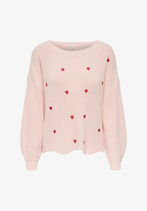 Hele roosa kootud kampsun lahtiste pikkade varrukatega ja väikeste punaste südamekujutistega, mis on laiali jaotatud ees ja varrukatel.