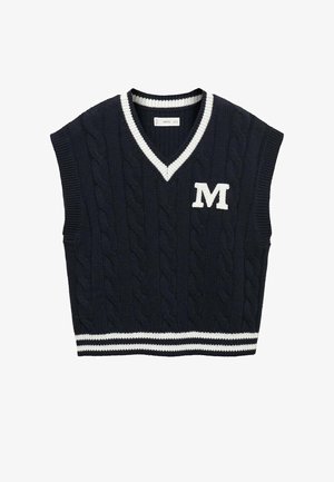 Marineblå strikket ærmeløs sweatervest med hvide striber på krave og kant, med et hvidt bogstav M på brystet.