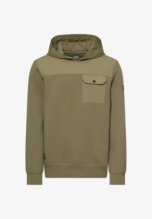 Olivgrüner Hoodie mit einer Klappe und Knopf an der Brusttasche, kontrastierendem Einsatz und langen Ärmeln mit gerippten Bündchen.