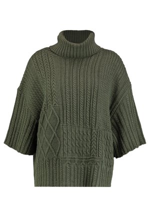 Pull en maille vert olive à manches courtes avec col roulé et motifs torsadés variés sur le devant et les manches.