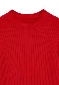 Maglione rosso a coste con un collo alto. Il tessuto ha una finitura morbida e testurizzata, con righe verticali su tutta la superficie.