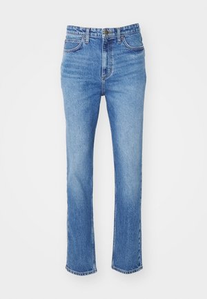Jeans din denim de culoare albastru deschis, cu un design drept, ușoare decolorări, cinci buzunare, curea pentru centură și închidere cu fermoar.