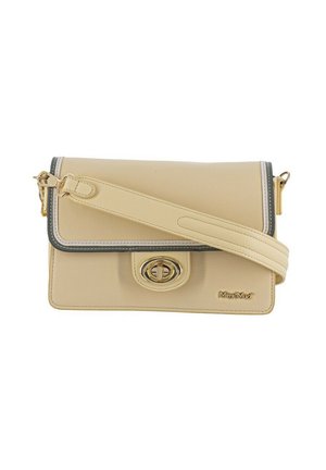 Borsa a tracolla in pelle beige con patta, chiusura twist color oro, bordi nero e bianco, tracolla regolabile e targhetta con logo "Mimi Muà".