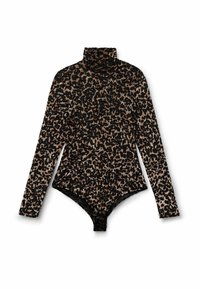 Langsleeve bodysuit in luipaardprint, met een faux col, zwart en tan kleurenschema, en drukknoopsluitingen aan de onderkant.