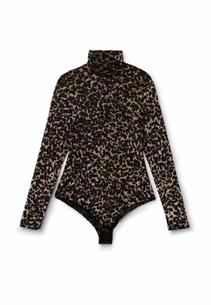 Langärmliger Body im Leopardenmuster mit Stehkragen, farblich in Schwarz und Beige, und Druckknöpfen im Schritt.