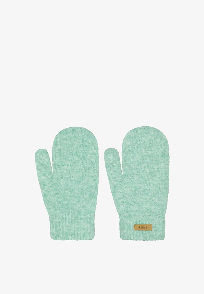 Pair of light green knit mittens with a small brown label on the cuff of the right mitten, displayed flat with thumbs pointing inward.