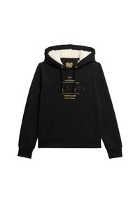 Sudadera negra con forro de piel sintética, bolsillo tipo canguro y detalles en dorado en la parte delantera. Corte regular con puños y dobladillo acanalados.