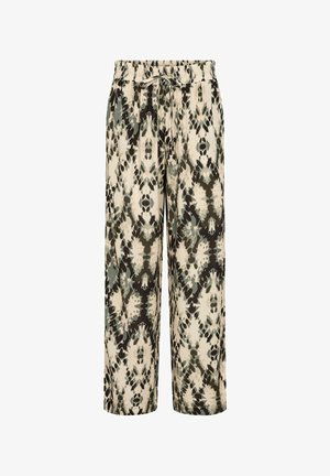 Kalhoty s širokými nohavicemi z lehké béžové látky s abstraktním vzorem v zelené a černé barvě, s elastickým pasem a nastavitelnou šňůrkou.