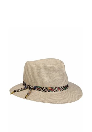 Beige woven sun hat with a wide brim, decorated with a black and white zigzag patterned band featuring colorful floral accents.